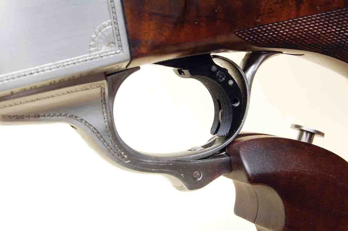 A Canjar set trigger fit to a Ruger No. 1. Note the vertical slot in the center of the trigger shoe where the firing trigger will protrude when the shoe is set.